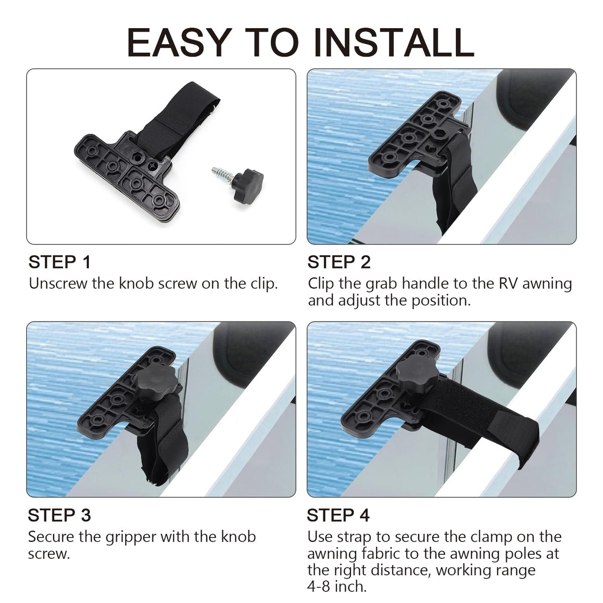 scottchen PRO clamp installed on awning pole reducing flapping in wind