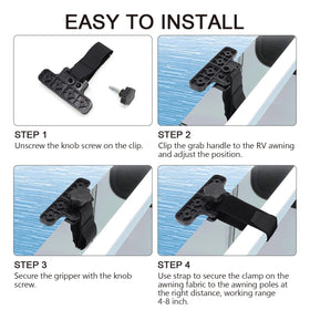 scottchen PRO clamp installed on awning pole reducing flapping in wind