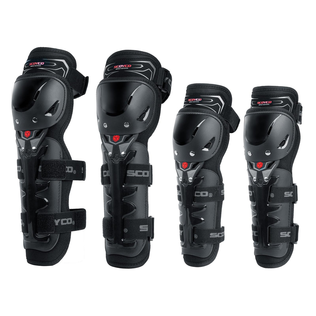 Scoyco front packaging showing knee pads with clear product view and protection benefit