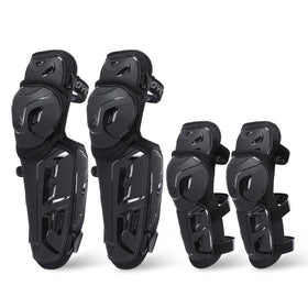 Scoyco front view of knee and elbow pad set showing full coverage and fit benefit