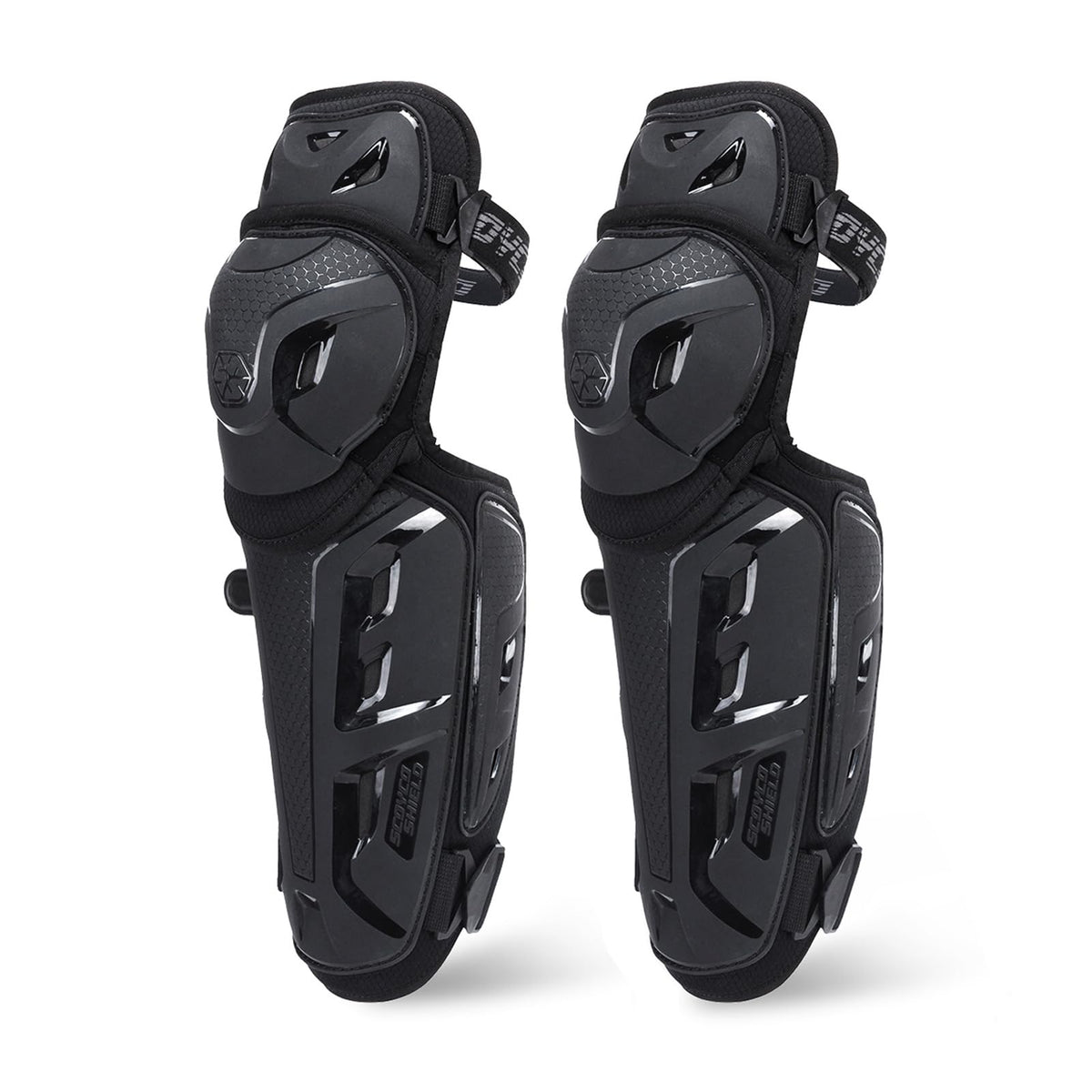 Scoyco front view knee pads showing full coverage and secure fit