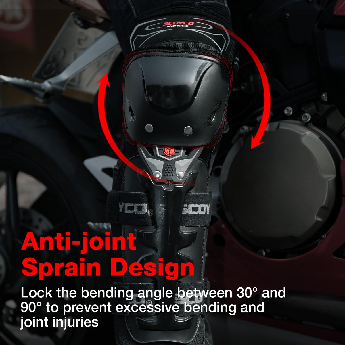 Scoyco knee pads worn by motorcycle rider demonstrating movement and coverage