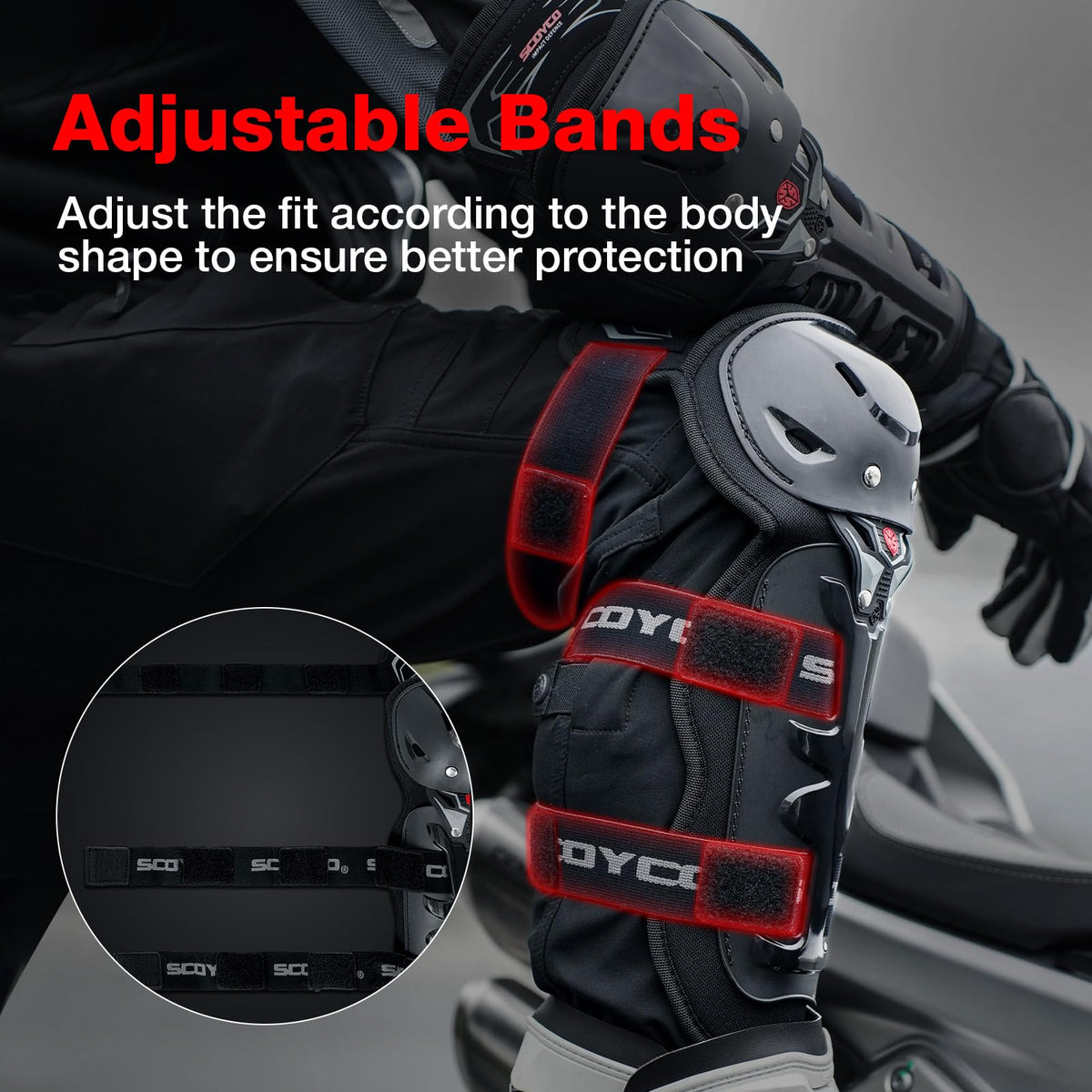 Scoyco knee pad worn under jeans showing slim fit and all-day comfort