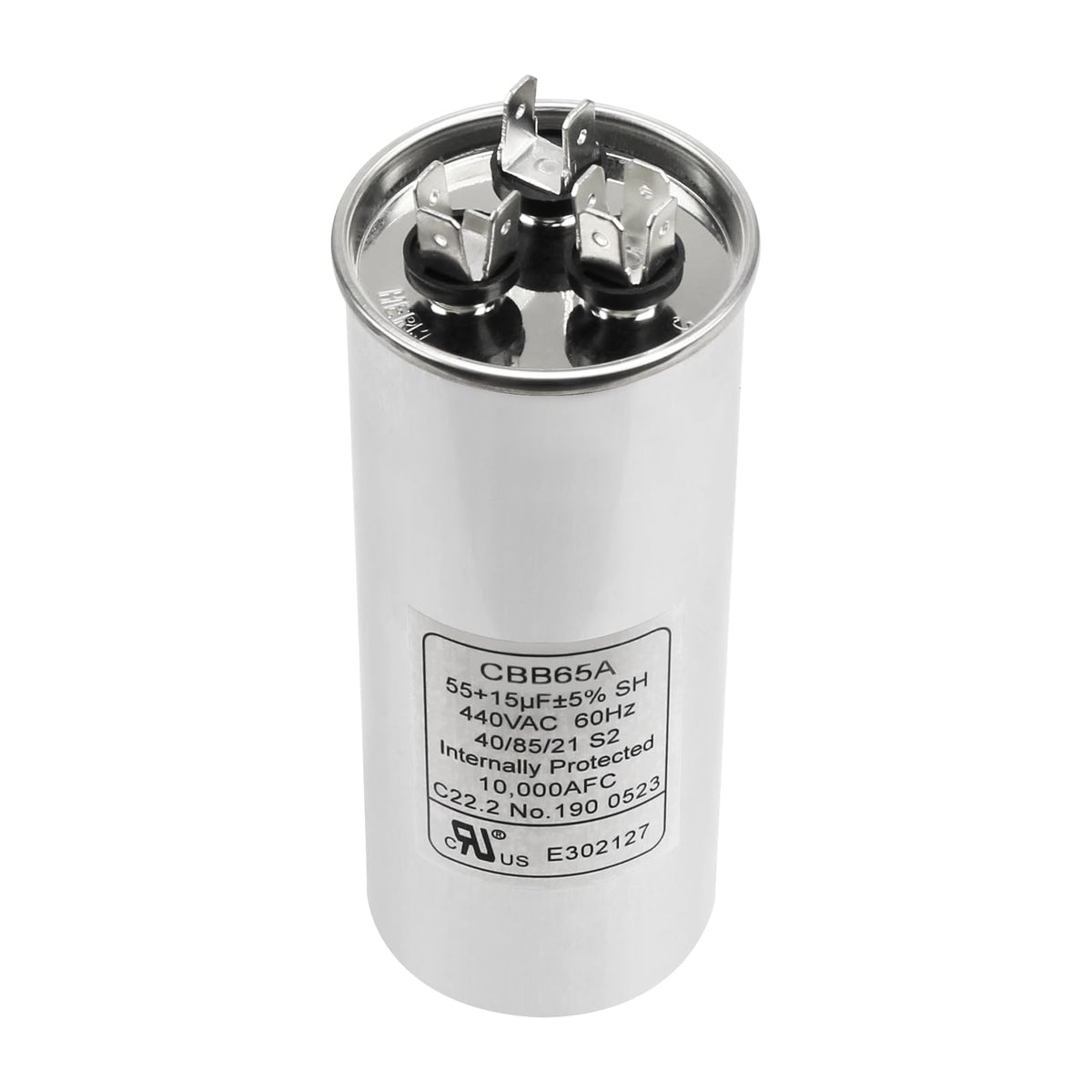 Screw Man capacitor front label showing model and benefit of reliable motor starts