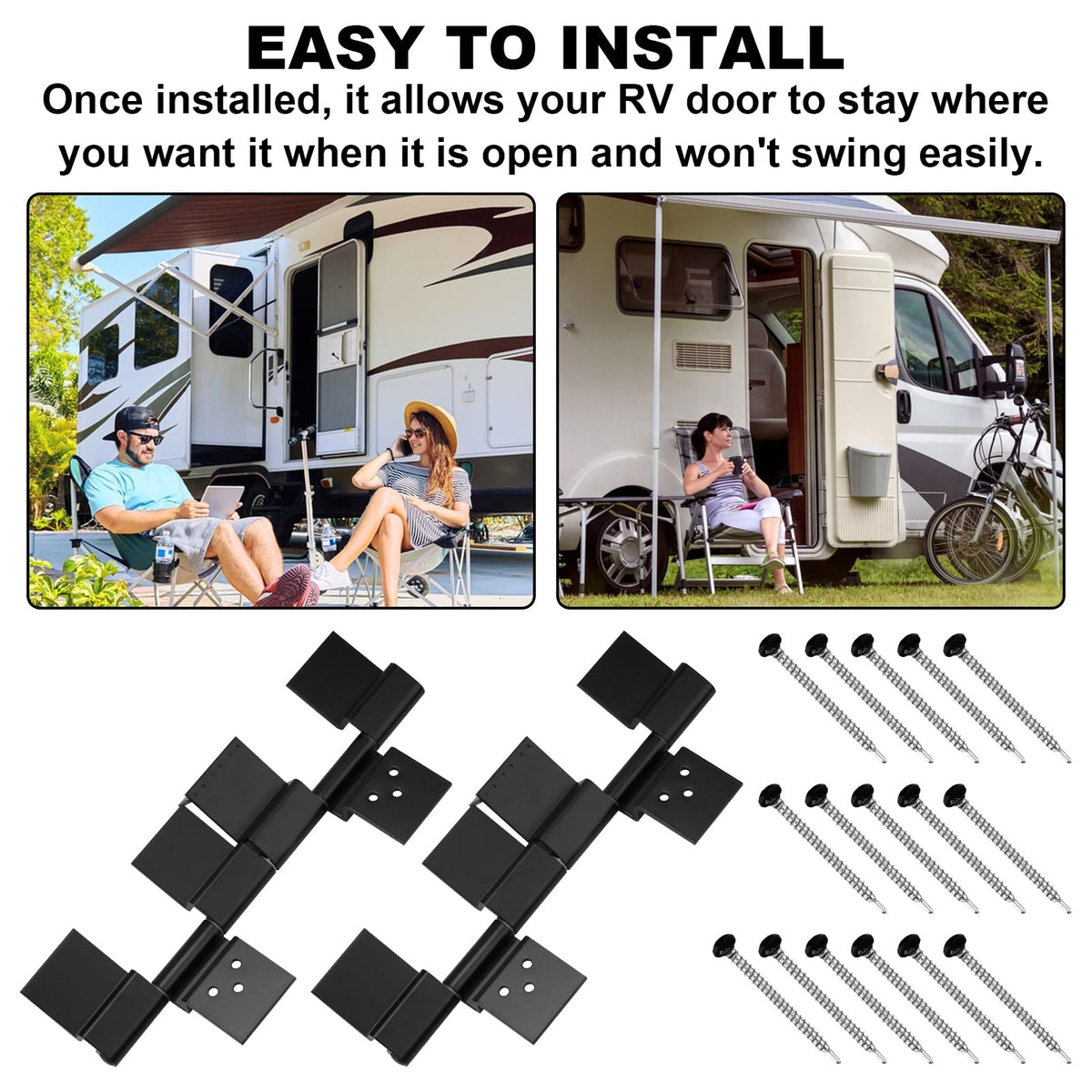 Screw Man hinge being installed on an RV entry door for easy replacement