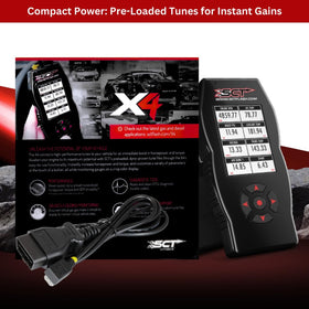 SCT X4 LCD screen closeup displaying menus for quick tune selection benefit