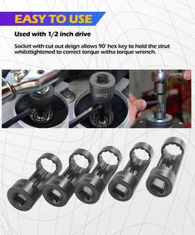 SCUARI socket mounted on a car strut nut demonstrating efficient removal benefit