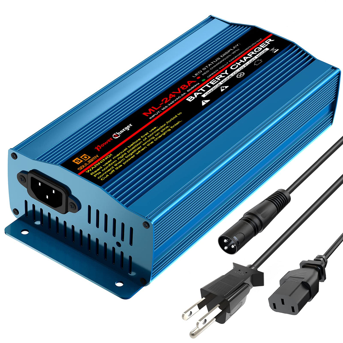 SDULIBITIY 24V 8A charger front view showing controls and ports for faster charging