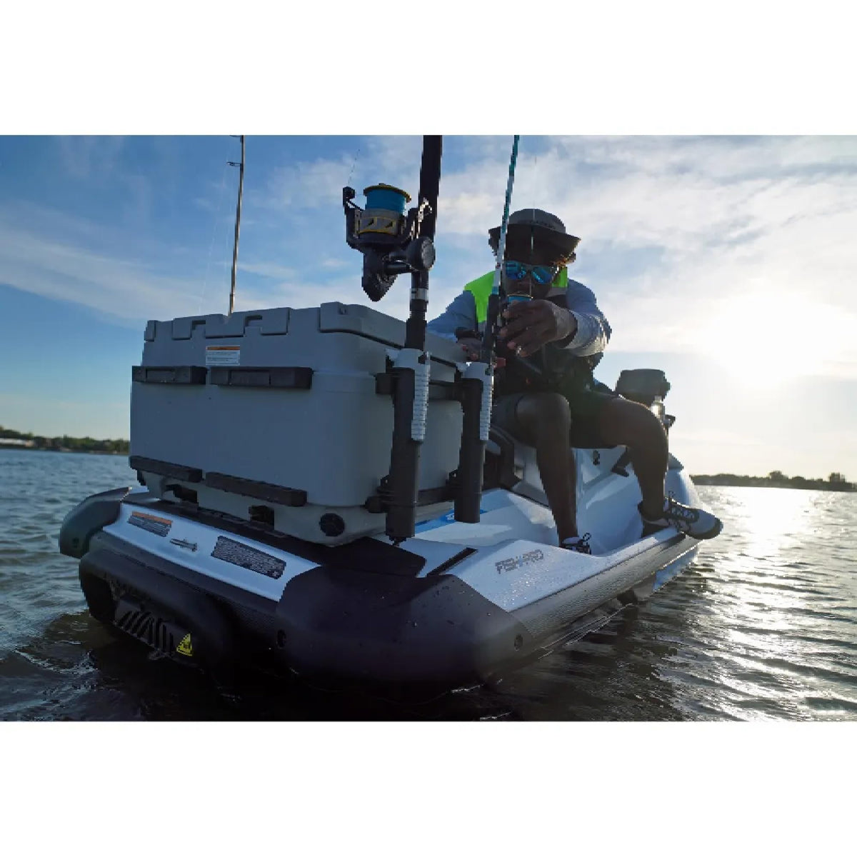 Sea-Doo LinQ rod holder installed on 13.5 Gal cooler demonstrating secure transport