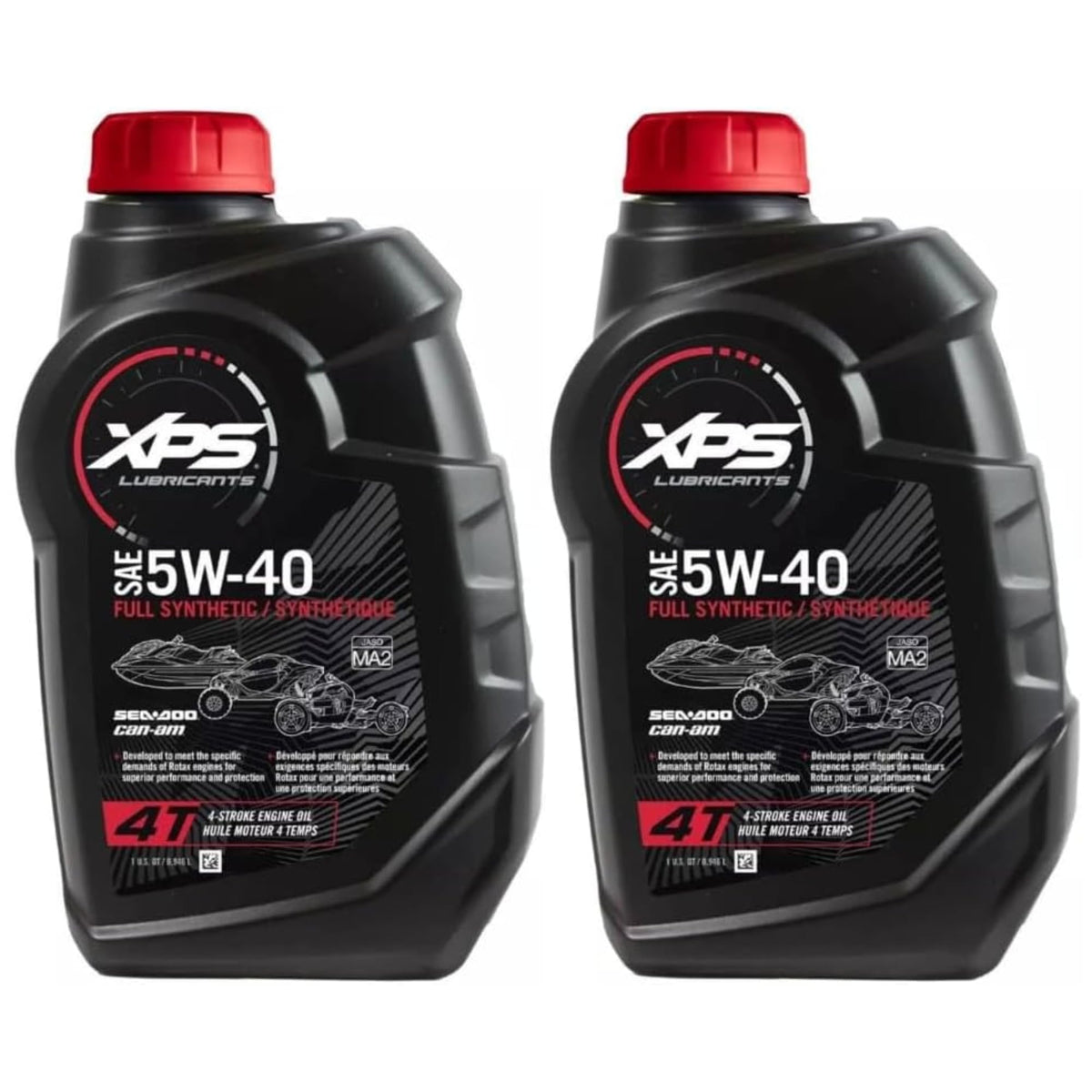 Sea-Doo 4T 5W-40 two-quart front label showing OEM part number and benefits
