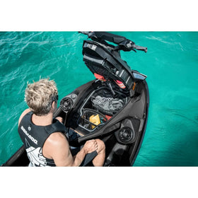 Sea-Doo organizer with items for scale showing practical 2.8 gallon capacity