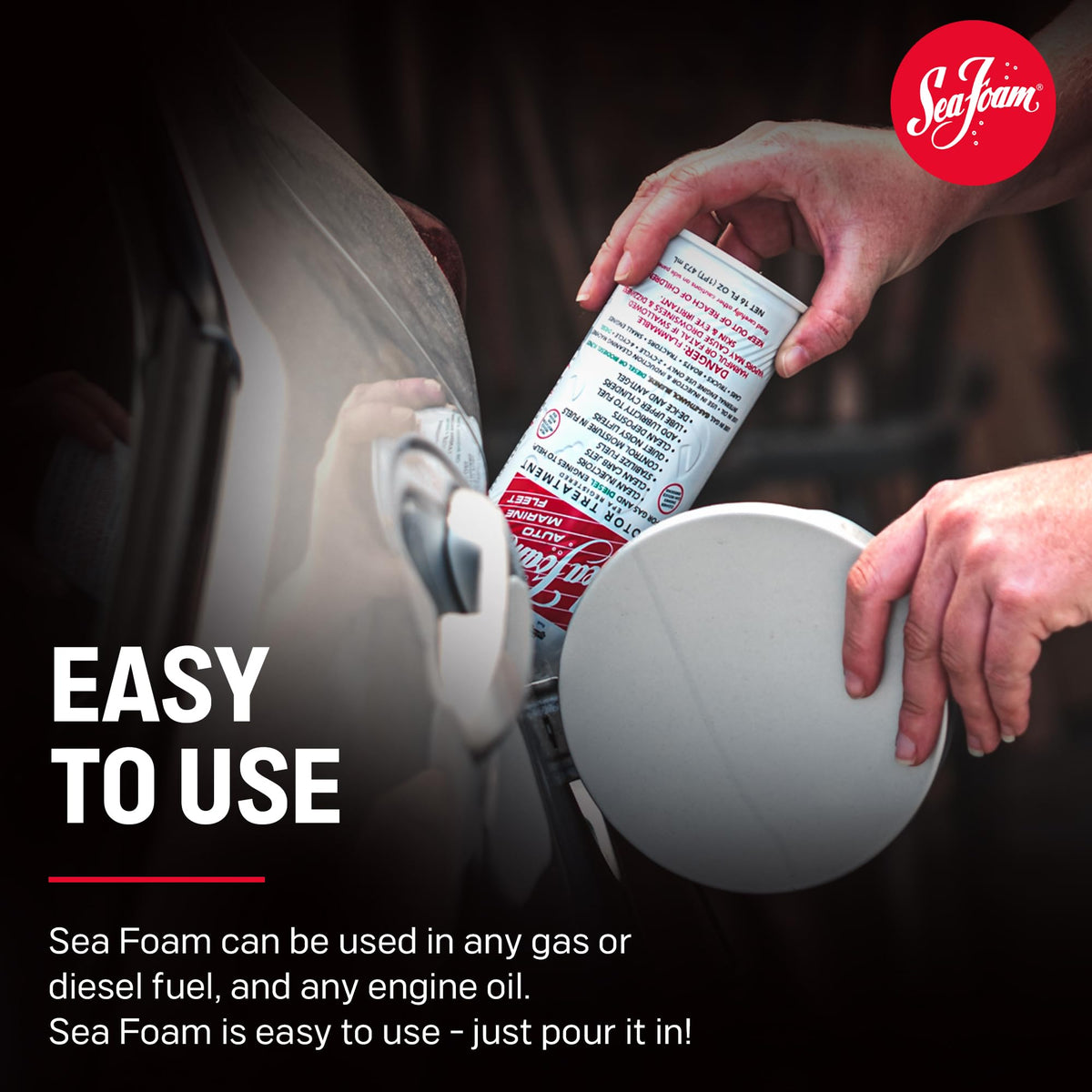 Sea Foam being added to a vehicle fuel tank to clean injectors