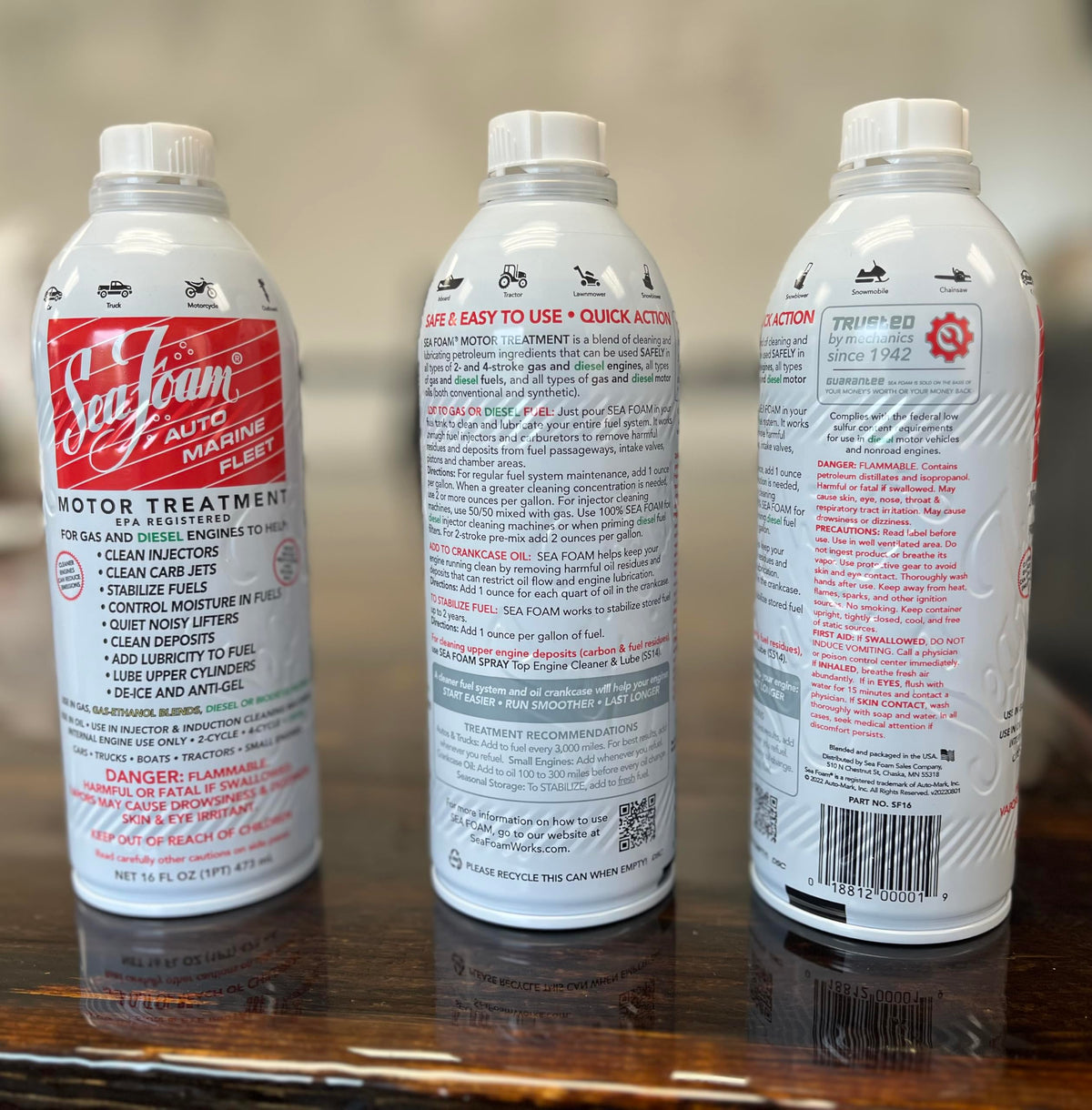 Sea Foam bottle in hand showing compact 16 oz size for scale