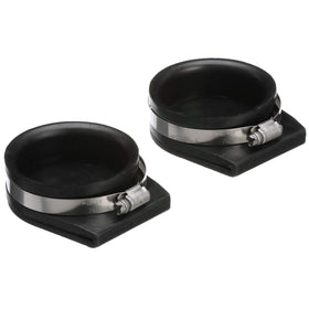 Seachoice exhaust guard covers front view showing black rubber pair and clamps, protects exhaust openings