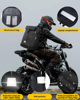 SEAFEW lifestyle shot of backpack on a motorcycle for hands-free commuting