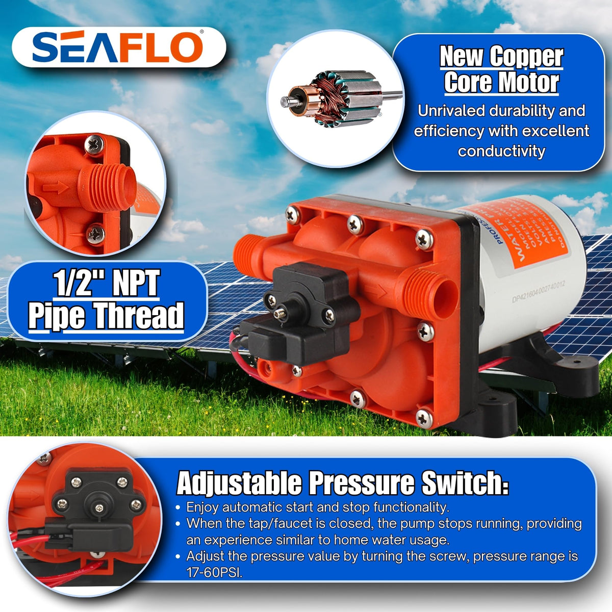 SEAFLO pump underside showing standard mounting footprint for simple installation
