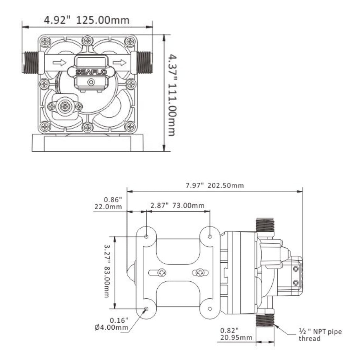 SEAFLO boxed pump with warranty card emphasizing four-year limited warranty