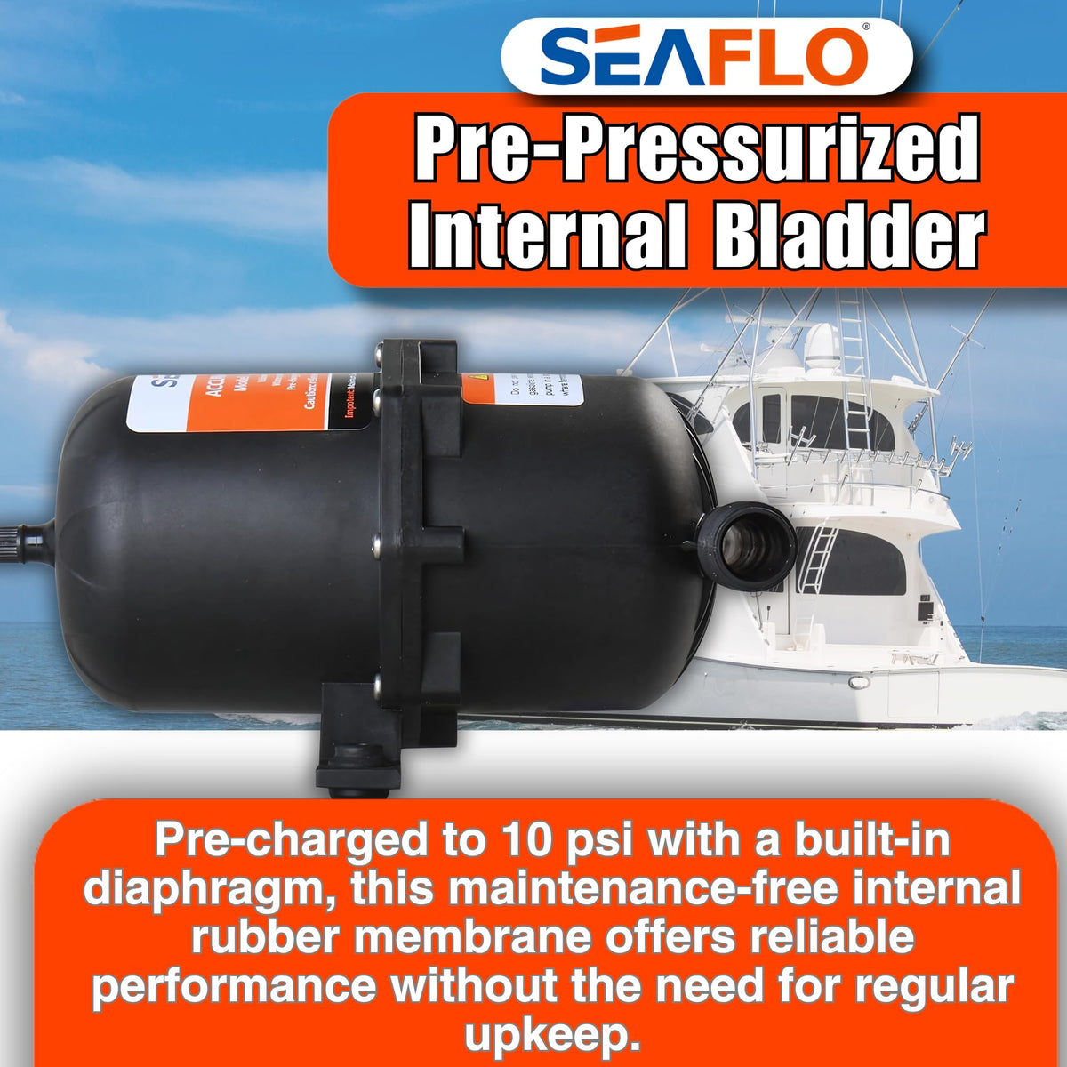 SEAFLO internal bladder close-up demonstrating sealed diaphragm for maintenance-free operation