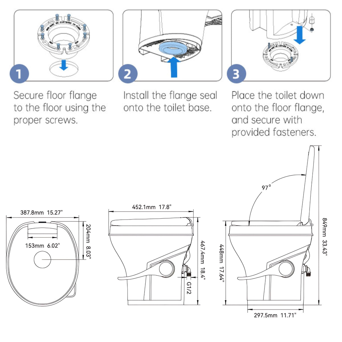 SEAFLO toilet next to measuring tape showing compact dimensions