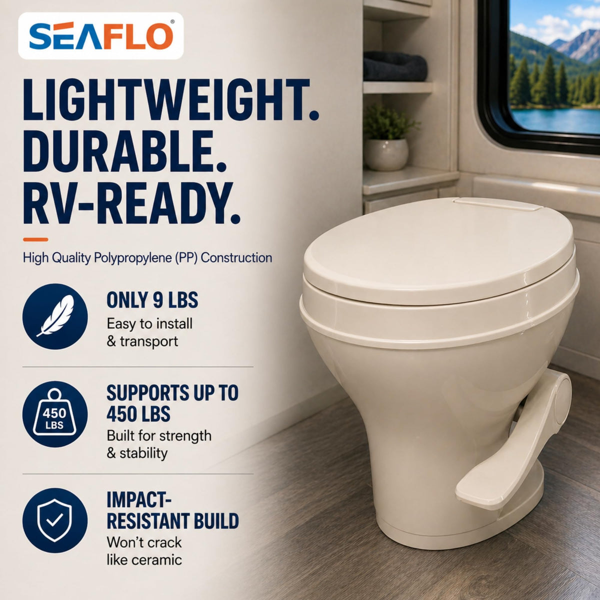 SEAFLO close-up of foot pedal showing easy gravity flush operation