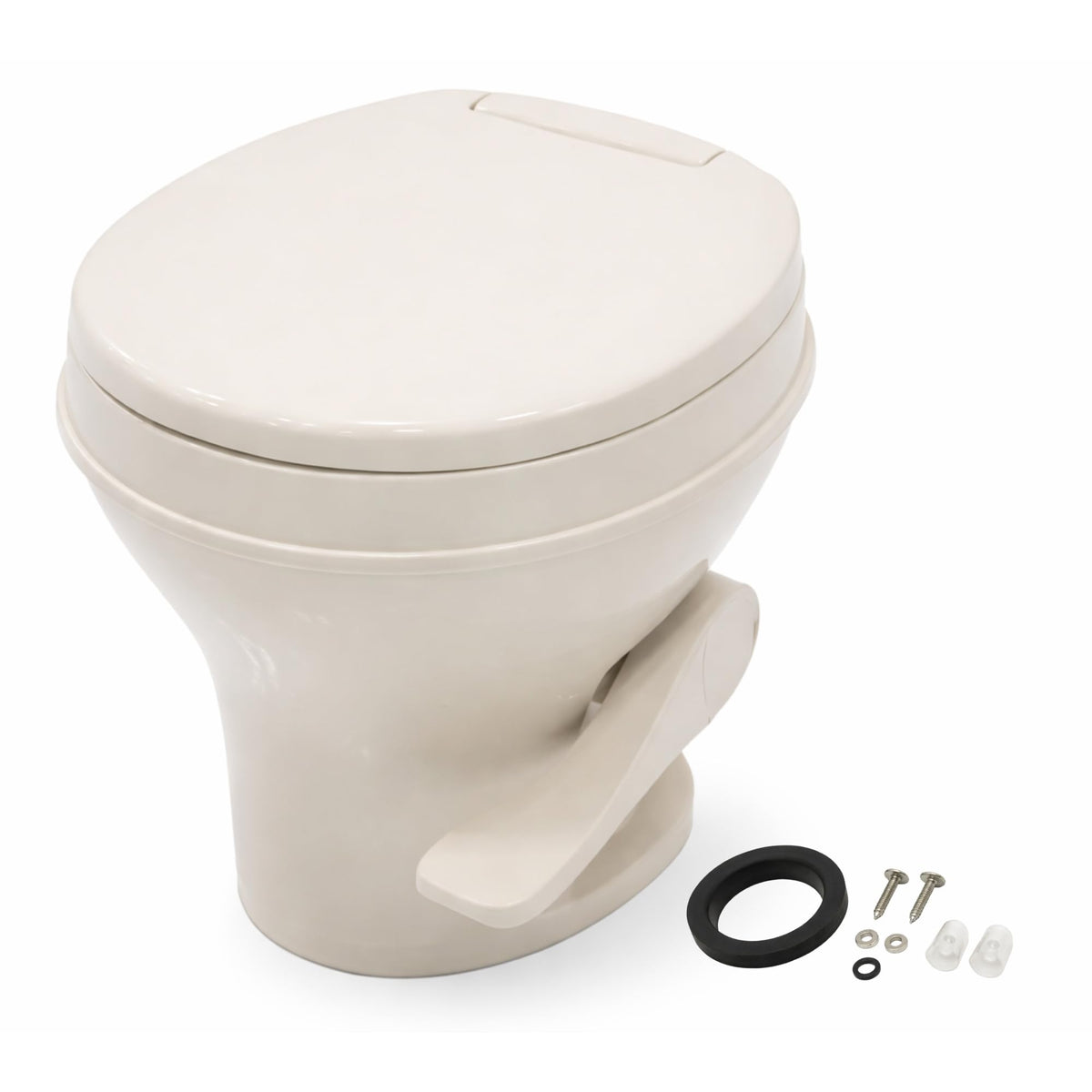 SEAFLO front view of bone RV toilet showing ergonomic comfort