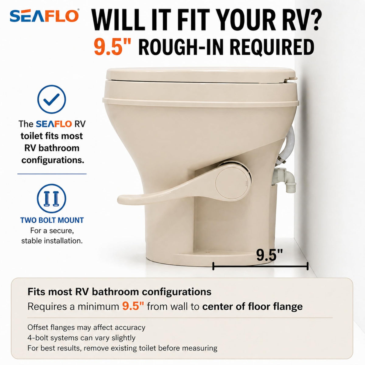 SEAFLO side profile of toilet highlighting residential 18.4 inch height
