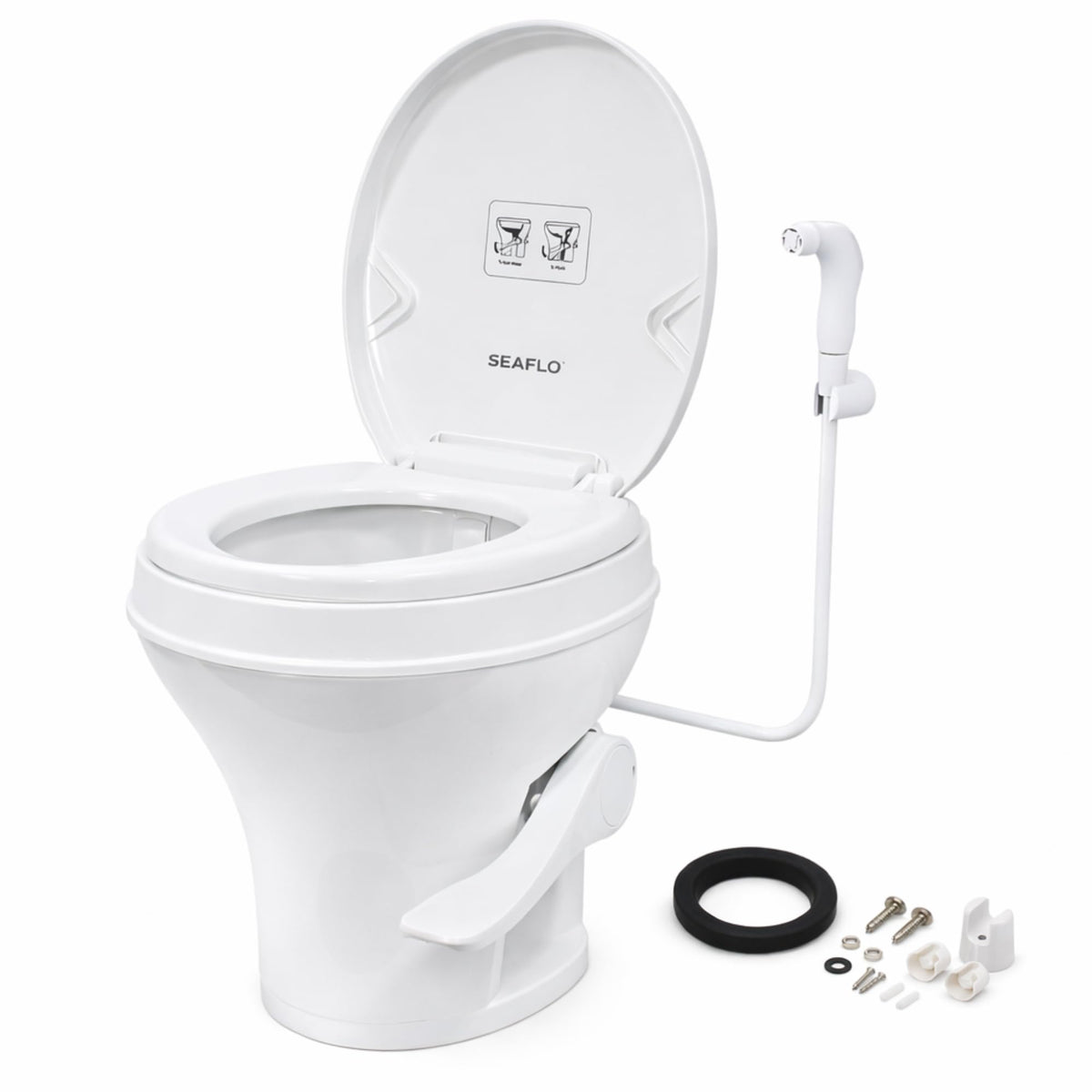 SEAFLO front view of white RV toilet showing compact design and comfort