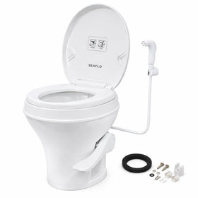 SEAFLO front view of white RV toilet showing compact design and comfort