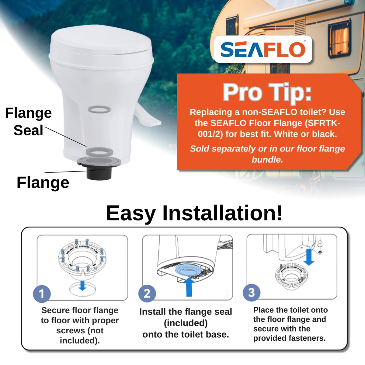 SEAFLO in an RV bathroom lifestyle setting illustrating real-world fit