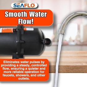 SEAFLO accumulator mounted in RV plumbing reducing pump cycling and conserving battery power