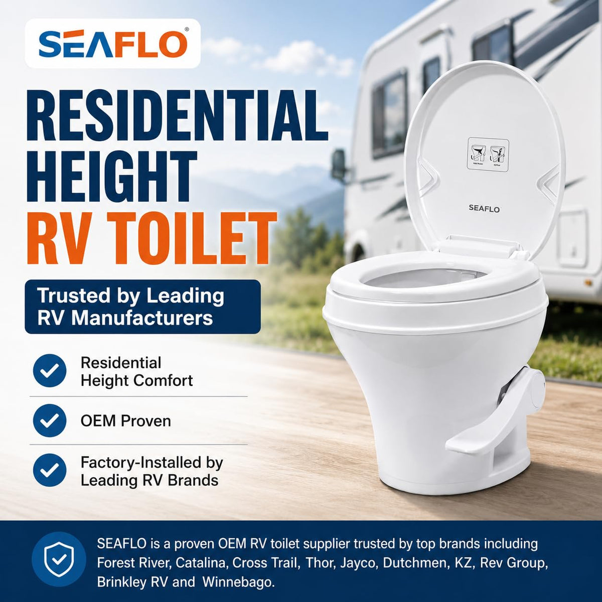 SEAFLO soft-close seat closeup demonstrating quiet lid operation