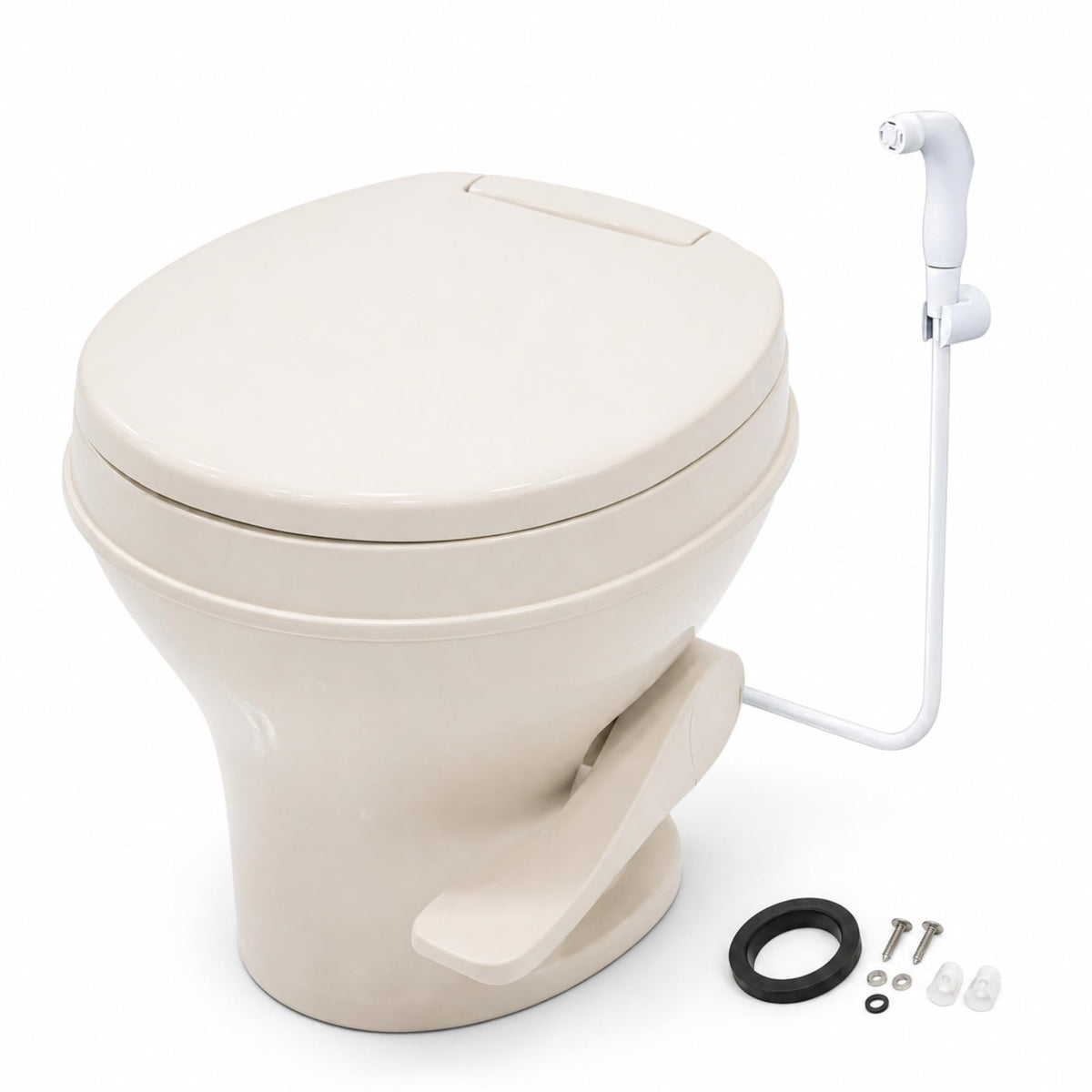 SEAFLO front view of bone residential-height RV toilet showing design and fit