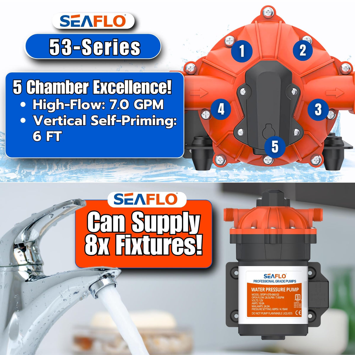SEAFLO model tag and warranty label conveying four-year protection