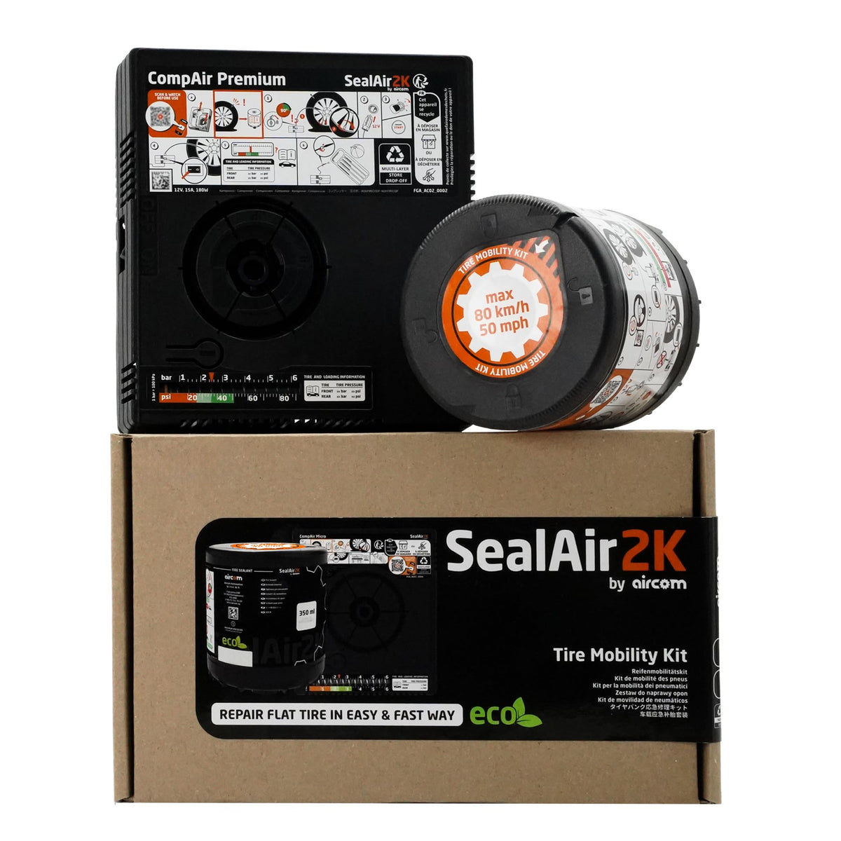 SealAir2k 12V compressor close-up showing hose and gauge for easy inflation