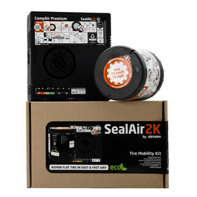 SealAir2k 12V compressor close-up showing hose and gauge for easy inflation