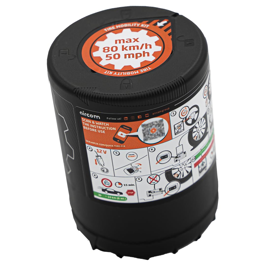 SealAir2k kit connected to a tyre during use, enabling fast temporary repair