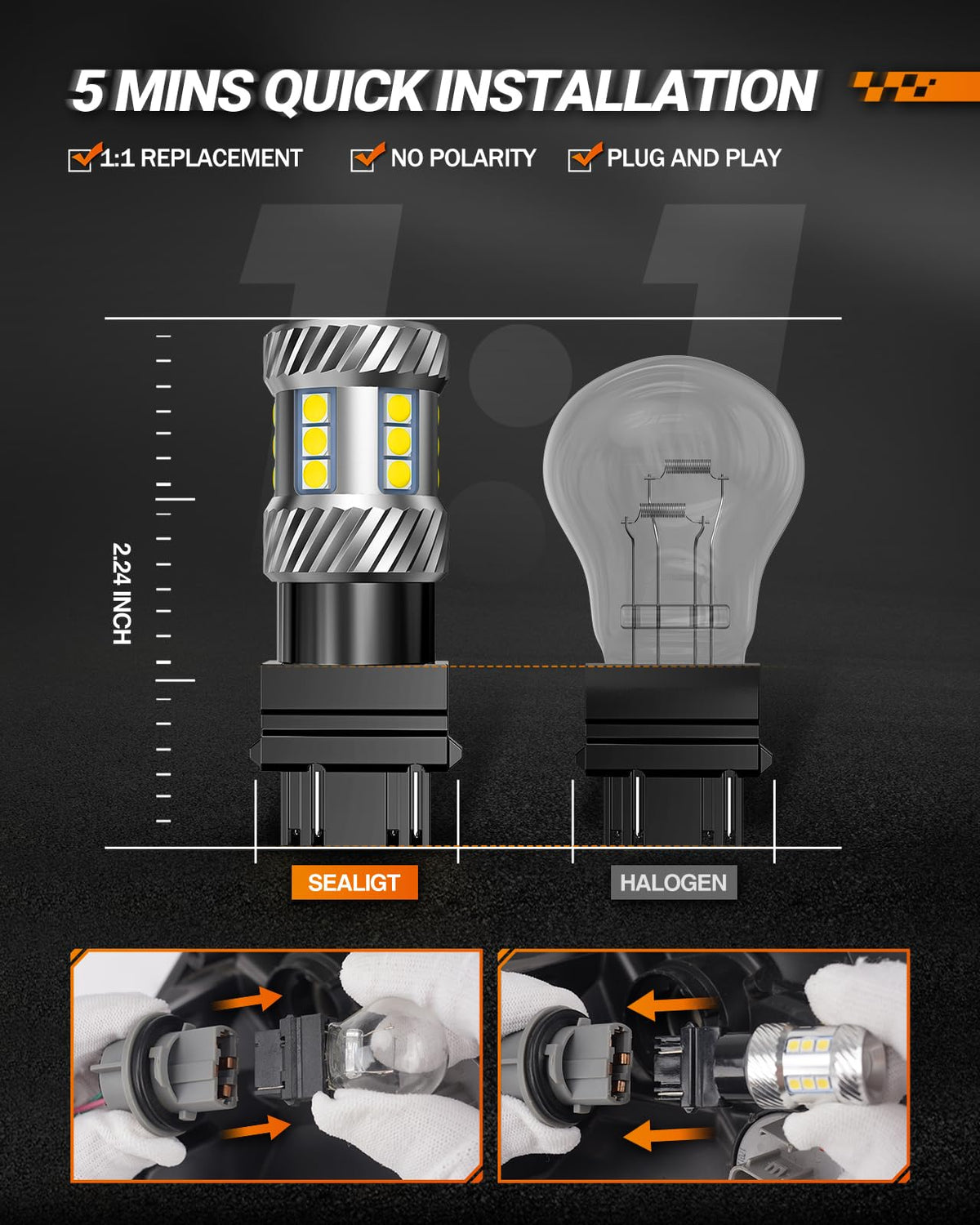 SEALIGHT bulbs shining next to halogen illustrating brighter output