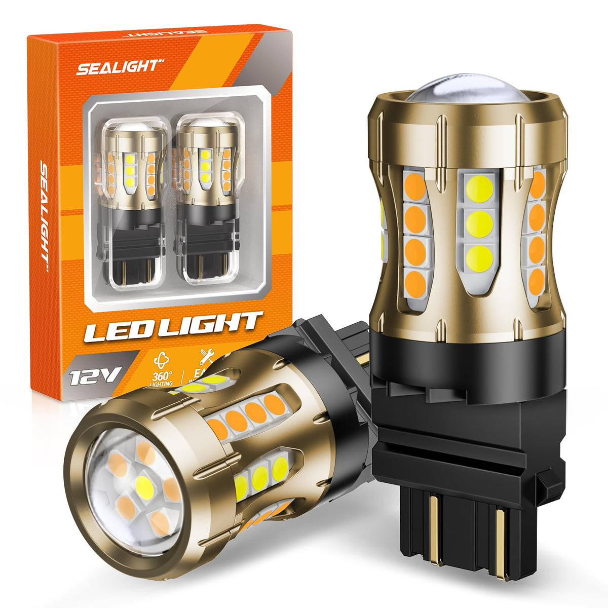 SEALIGHT 3157 front packaging showing two switchback bulbs and included resistors for easy upgrade