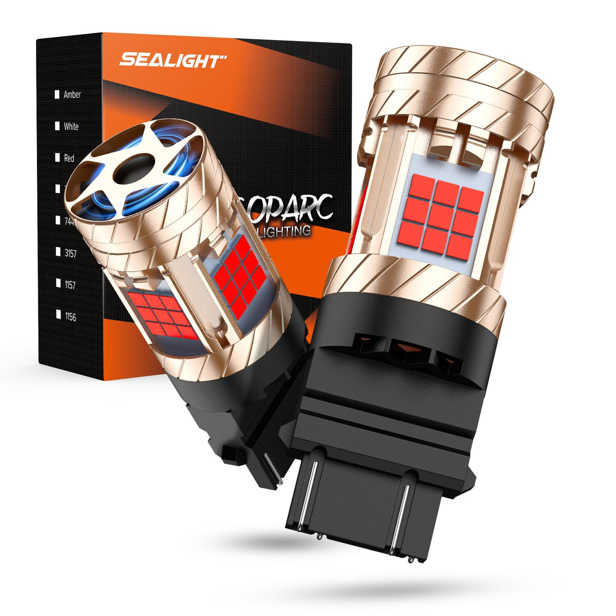SEALIGHT 3157 front view pair showing bright red output and easy swap-in benefit