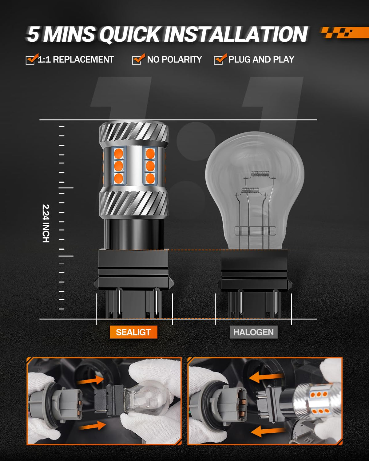 SEALIGHT 3157 beside halogen bulb to compare size and upgrade clarity benefit