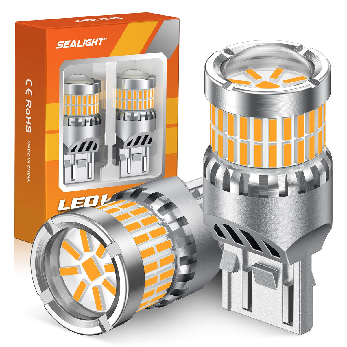 SEALIGHT front view pack of 2 showing amber bulbs and plug benefits