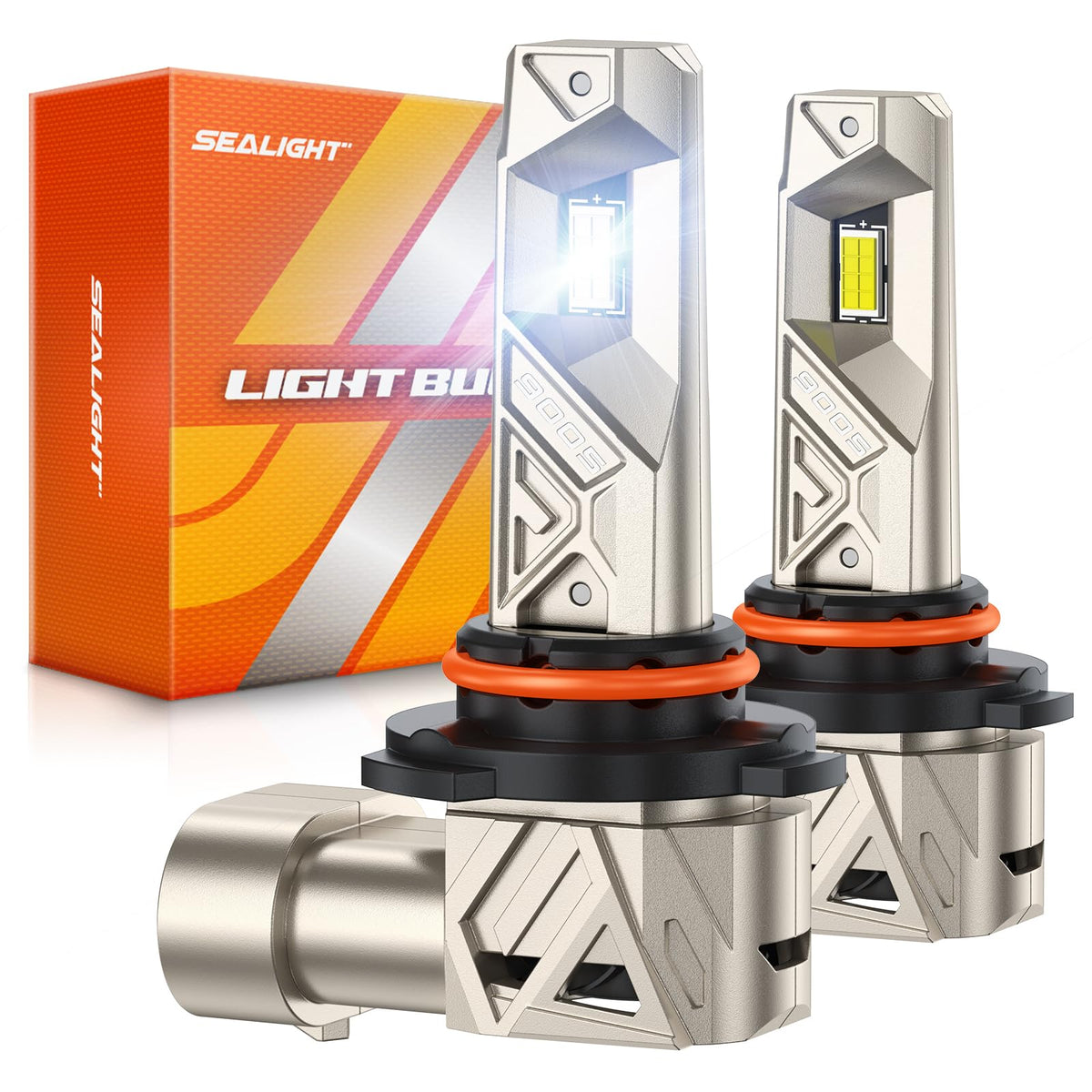 SEALIGHT 9005 front view of both bulbs showing plug-and-play fit and bright upgrade