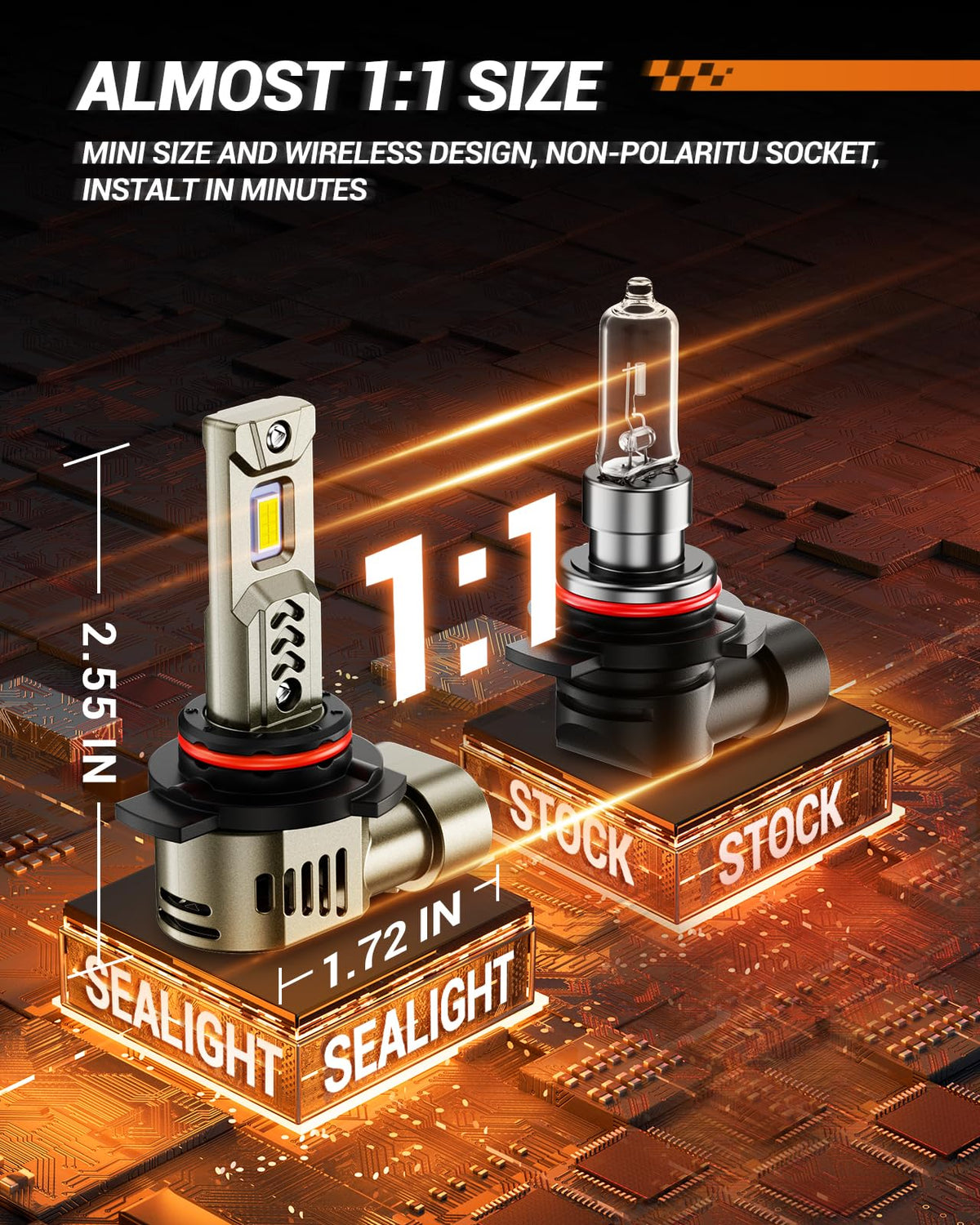 SEALIGHT 9012 beside stock bulb showing compact mini-size advantage