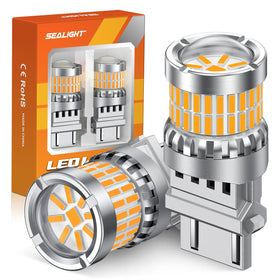 SEALIGHT bulbs front packaging showing amber 3157 two-pack and compatibility list benefit clarity