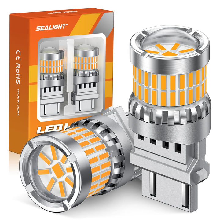 SEALIGHT bulbs front packaging showing amber 3157 two-pack and compatibility list benefit clarity
