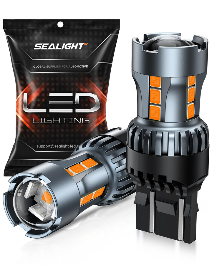 SEALIGHT front view of two T20 7443 amber LED bulbs showing packaging and benefits