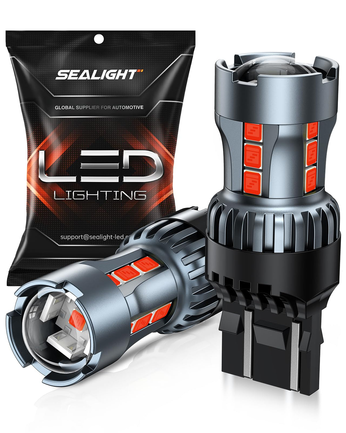 SEALIGHT front packaging showing two T20 red LED bulbs and benefits