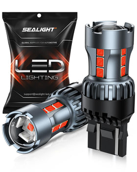 SEALIGHT front packaging showing two T20 red LED bulbs and benefits