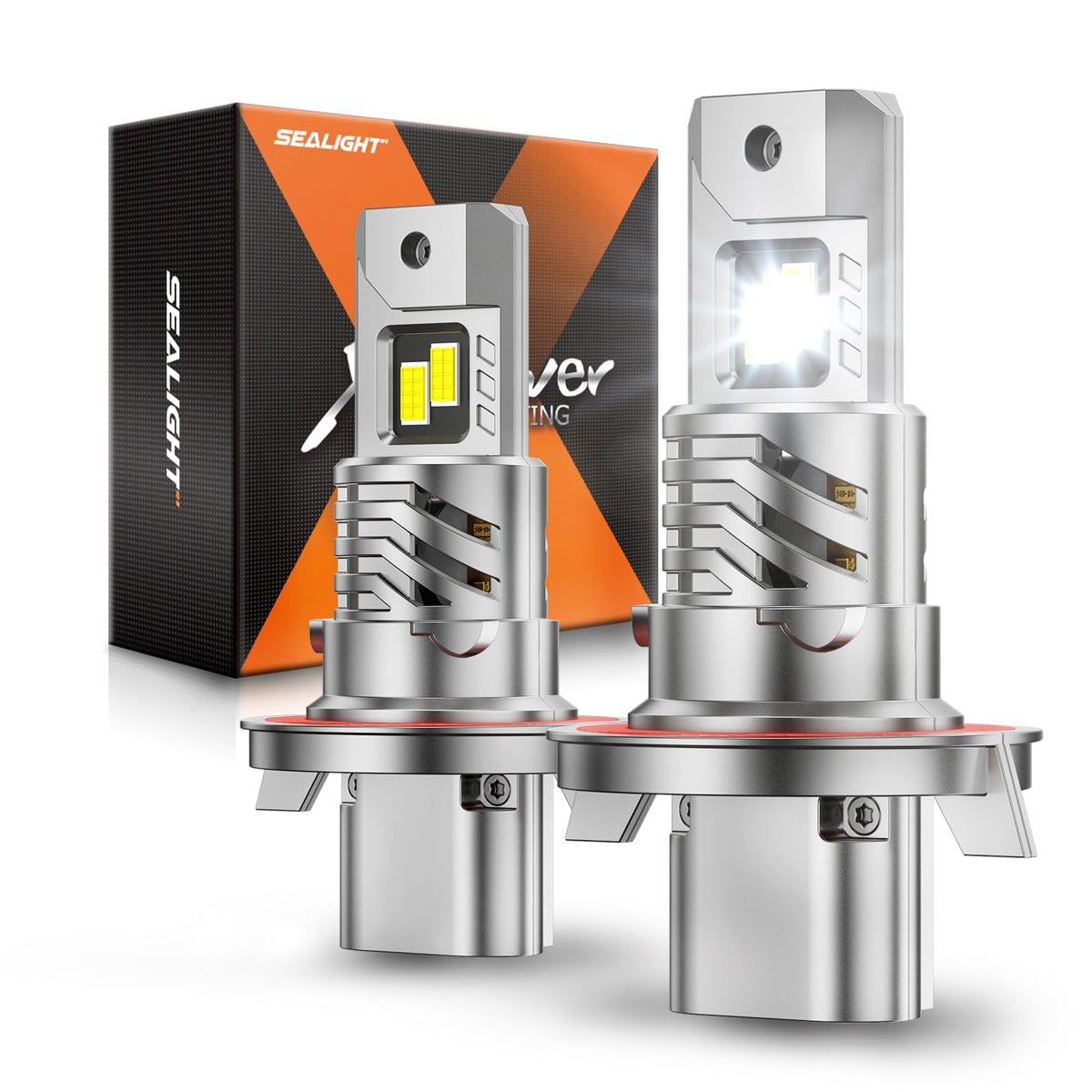 SEALIGHT front view of H13 bulbs showing plug-and-play fit and bright upgrade