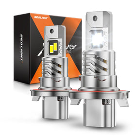 SEALIGHT front view of H13 bulbs showing plug-and-play fit and bright upgrade